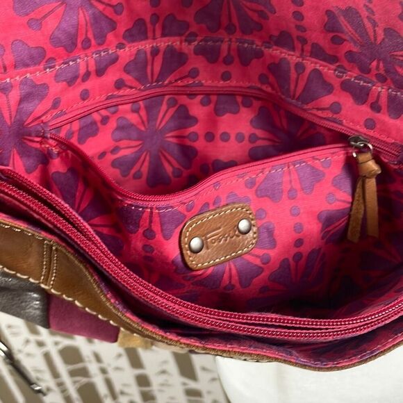 Fossil Patchwork Leather Suede Fabric Hobo Shoulder Bag Clutch - Picture 10 of 11